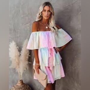 Vici Chic Pastel Rainbow Off-Shoulder Mini Tiered Dress,small